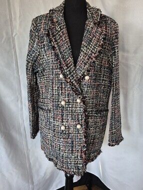 Classic Double-Breasted Tweed Blazer Coat in Multi-Color Pink Black